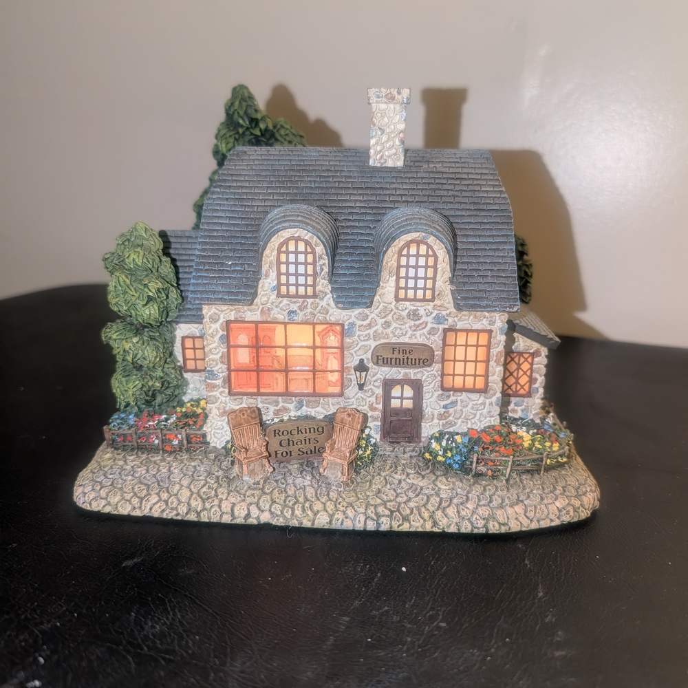 Thomas Kinkade Cottage Figurine with Warm Yellow Windows and Gray Roof